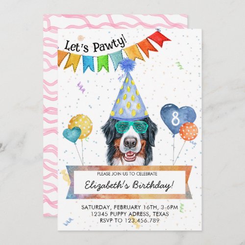 Bernese Mountain Lets Pawty Dog Birthday Party Invitation