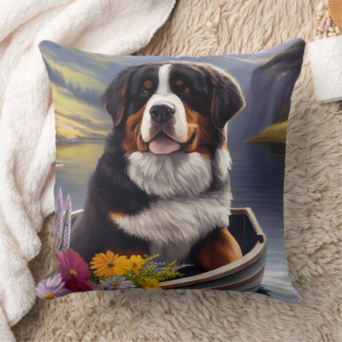 Bernese Mountain on a Paddle A Scenic Adventure Throw Pillow