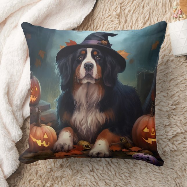 Bernese Mountain Pumpkins Halloween Scary Throw Pillow (Blanket)