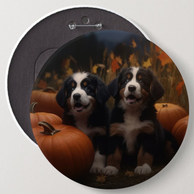 Bernese Mountain Puppy Autumn Delight Pumpkin Button (Front & Back)