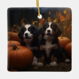Bernese Mountain Puppy Autumn Delight Pumpkin Ceramic Ornament