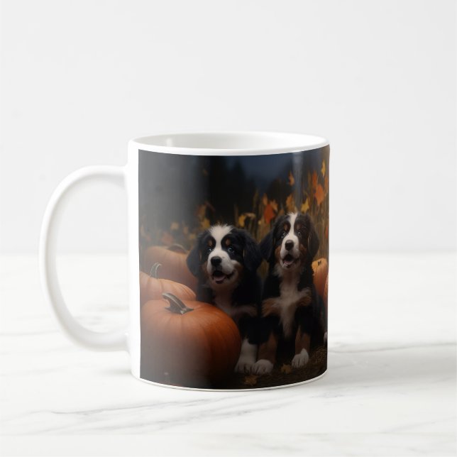 Bernese Mountain Puppy Autumn Delight Pumpkin Coffee Mug (Left)