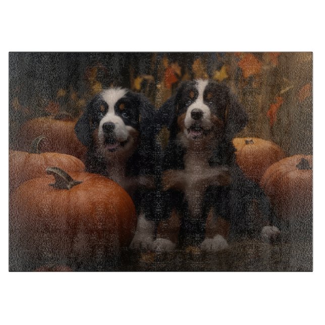 Bernese Mountain Puppy Autumn Delight Pumpkin Cutting Board (Front)