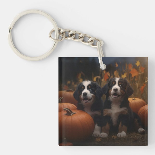 Bernese Mountain Puppy Autumn Delight Pumpkin Keychain (Front)