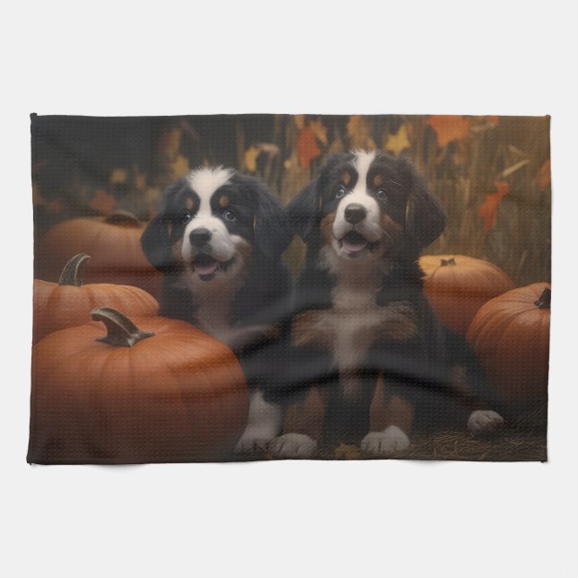 Bernese Mountain Puppy Autumn Delight Pumpkin Kitchen Towel (Horizontal)
