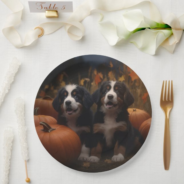 Bernese Mountain Puppy Autumn Delight Pumpkin Paper Plates (Wedding)
