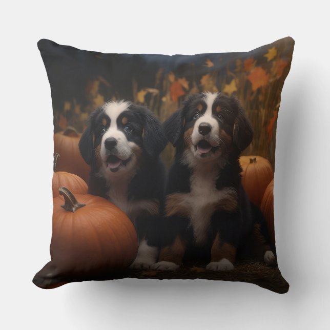Bernese Mountain Puppy Autumn Delight Pumpkin Throw Pillow (Front)