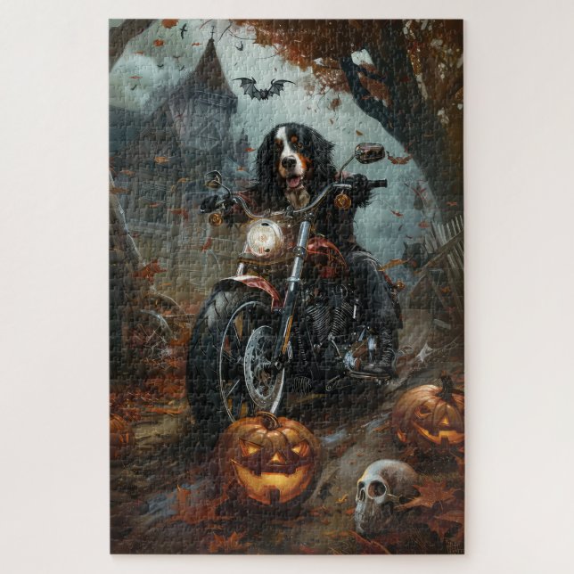 Bernese Mountain Riding Motorcycle Halloween Scary Jigsaw Puzzle (Vertical)