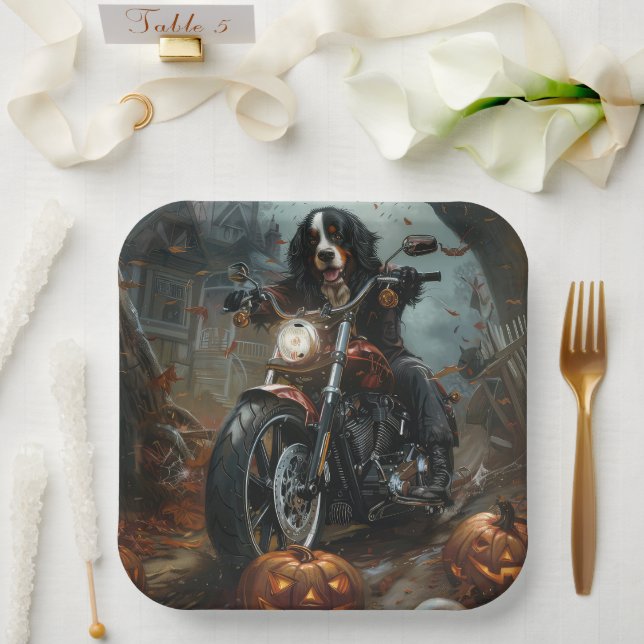 Bernese Mountain Riding Motorcycle Halloween Scary Paper Plates (Wedding)