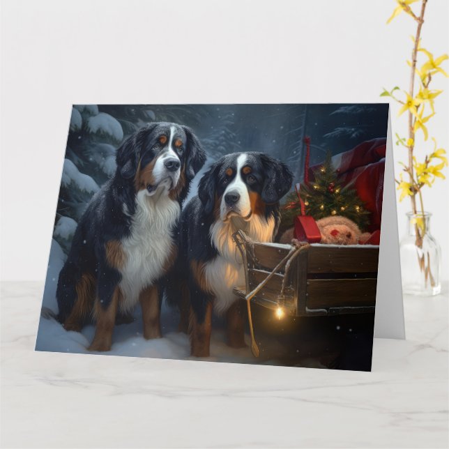 Bernese Mountain Snowy Sleigh Christmas Decor  Card (Yellow Flower)