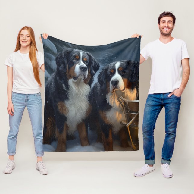Bernese Mountain Snowy Sleigh Christmas Decor  Fleece Blanket (In Situ)