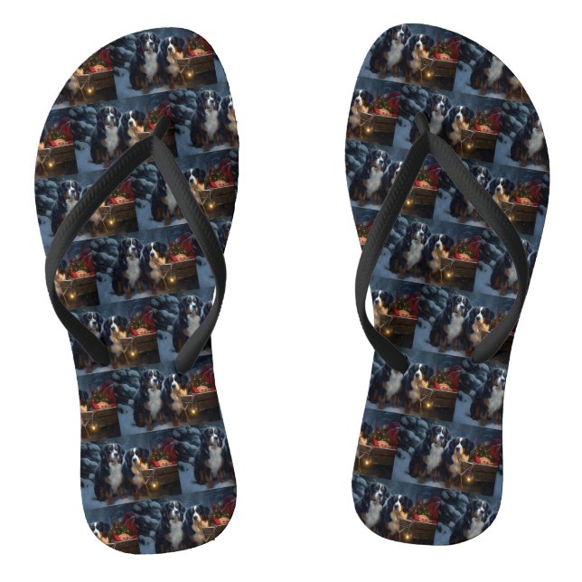 Bernese Mountain Snowy Sleigh Christmas Decor  Flip Flops (Footbed)