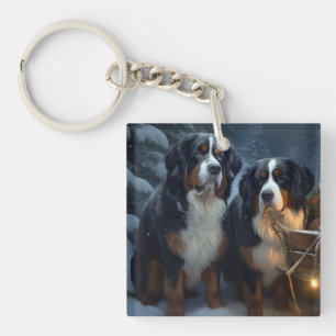 Bernese Mountain Snowy Sleigh Christmas Decor Keychain