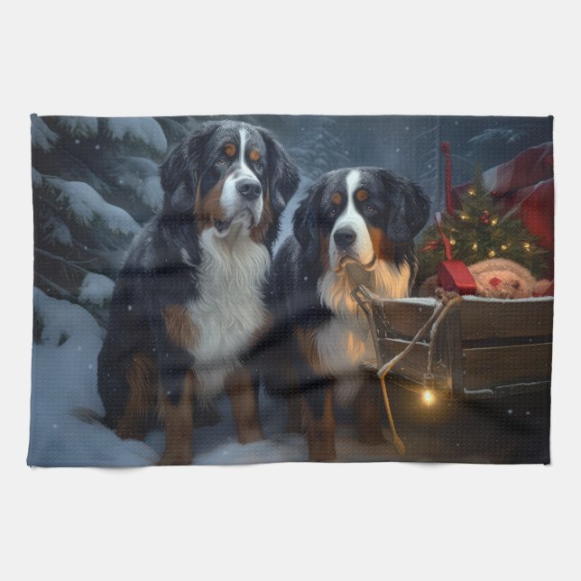 Bernese Mountain Snowy Sleigh Christmas Decor  Kitchen Towel (Horizontal)