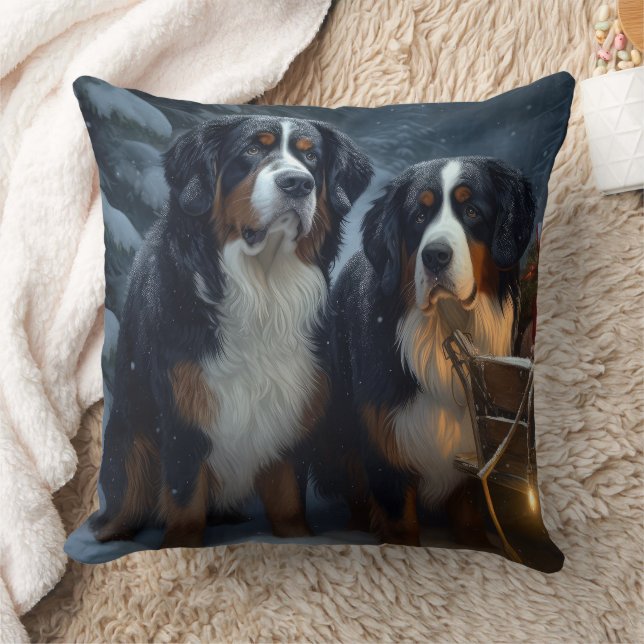 Bernese Mountain Snowy Sleigh Christmas Decor  Throw Pillow (Blanket)