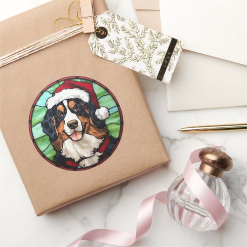 Bernese Mountain Stained Glass Christmas Classic Round Sticker