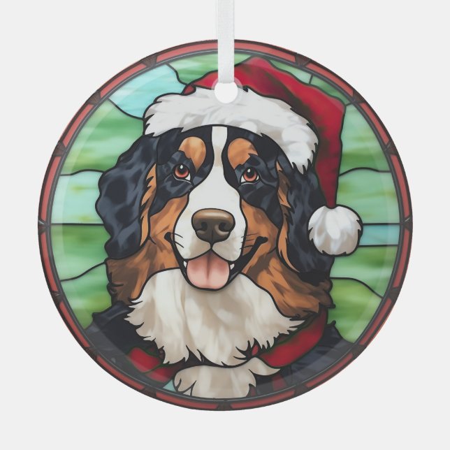 Bernese Mountain Stained Glass Christmas Ornament (Front)