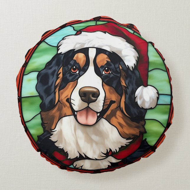 Bernese Mountain Stained Glass Christmas Round Pillow (Back)