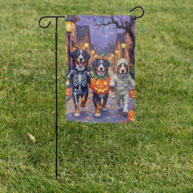 Bernese Mountain Trick-or-Treating In Halloween  Garden Flag (In SItu)