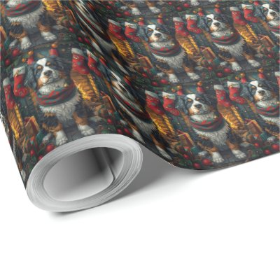 Bernese Mountain with Christmas Gifts Fireplace Wrapping Paper