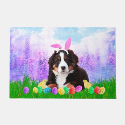 Bernese Mountain with Easter Eggs Bunny Chicks Doormat