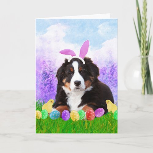 Bernese Mountain with Easter Eggs Bunny Chicks Holiday Card