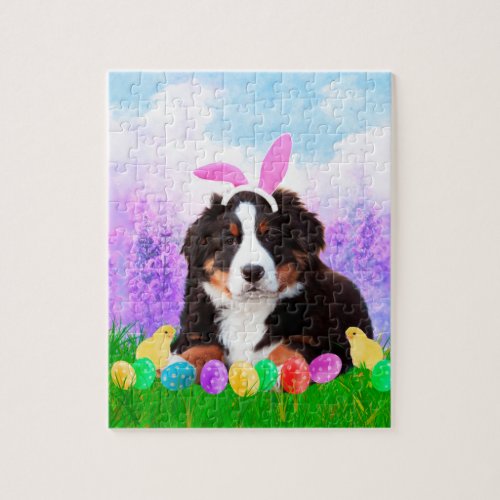 Bernese Mountain with Easter Eggs Bunny Chicks Jigsaw Puzzle