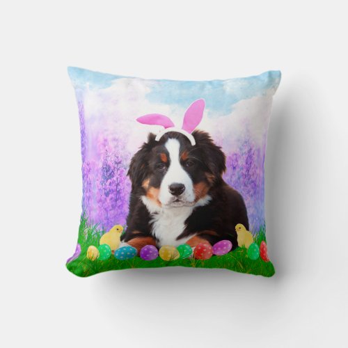 Bernese Mountain with Easter Eggs Bunny Chicks Throw Pillow