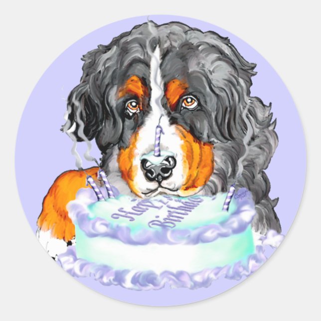 Bernese Mt Dog Cake Face Birthday Classic Round Sticker (Front)