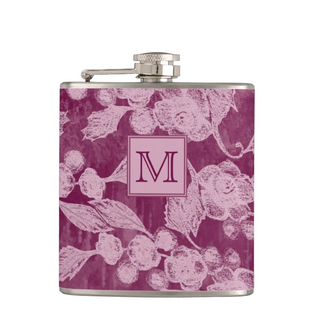 Berries and Blossoms Purple Floral Monogram Flask (Front)