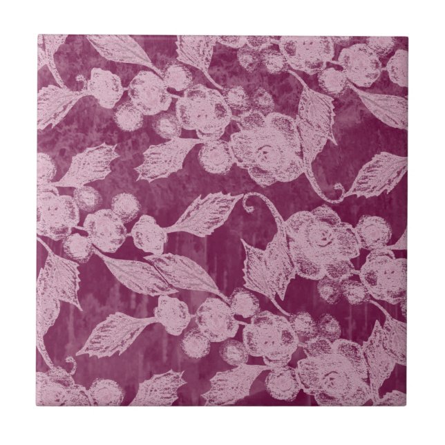 Berries and Blossoms Purple Floral Pattern Ceramic Tile (Front)