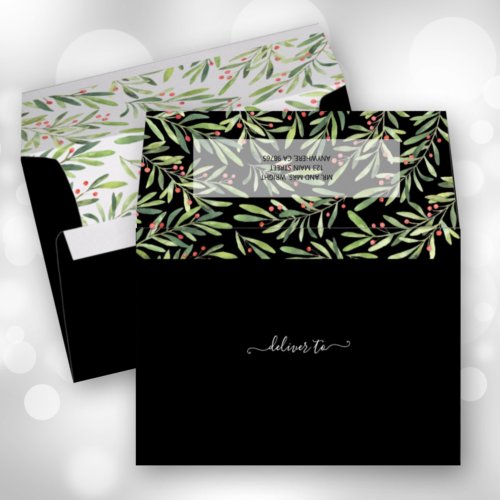 Berries and Branch Christmas Holiday 5x7 Black Envelope