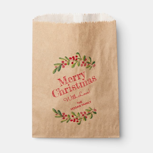 Berries and Greenery Christmas Holiday Favor Bag (Front)