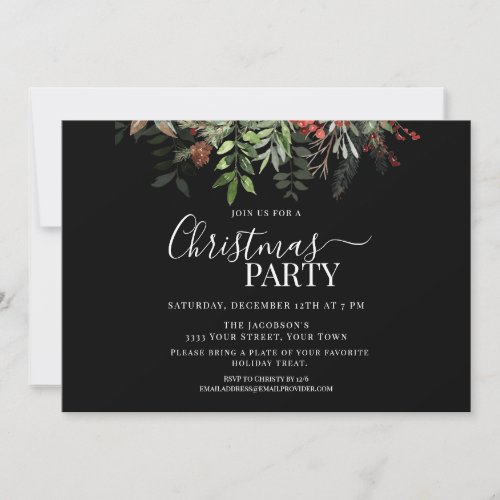 Berries and Greenery Floral Christmas Party Black Invitation