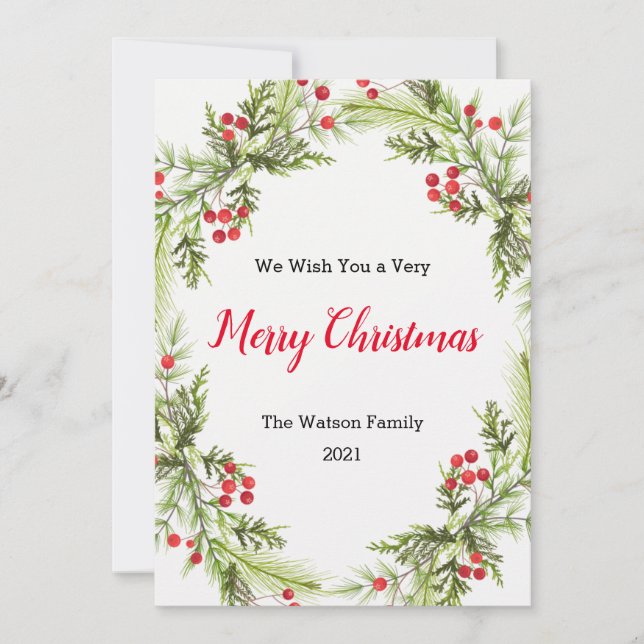 Berries and Greenery Wreath Merry Christmas  Holid Holiday Card (Front)