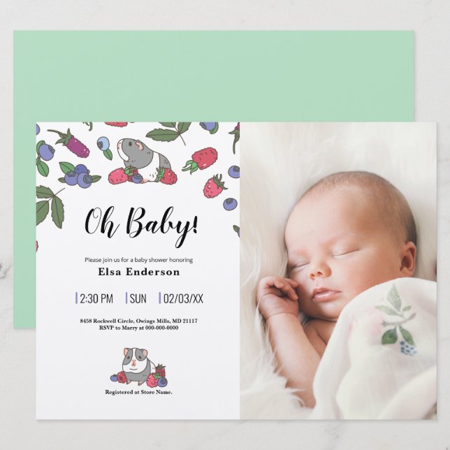 Berries and Guinea pig Custom Photo Baby Shower Invitation (Front/Back)