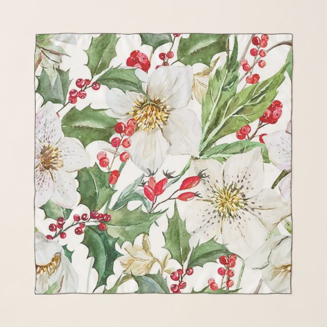 Berries and Holly Christmas Chiffon Scarf (Front)