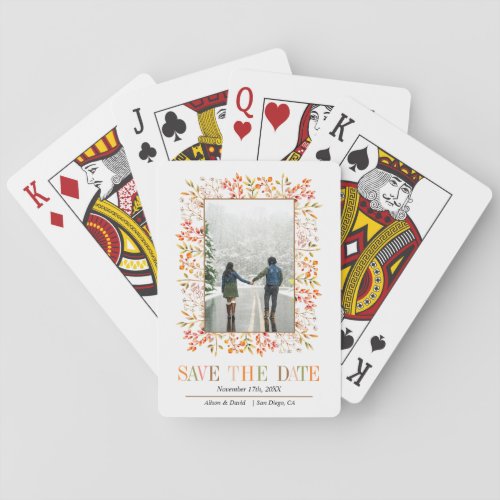 Berries and leaves border brown fall Save the Date Poker Cards