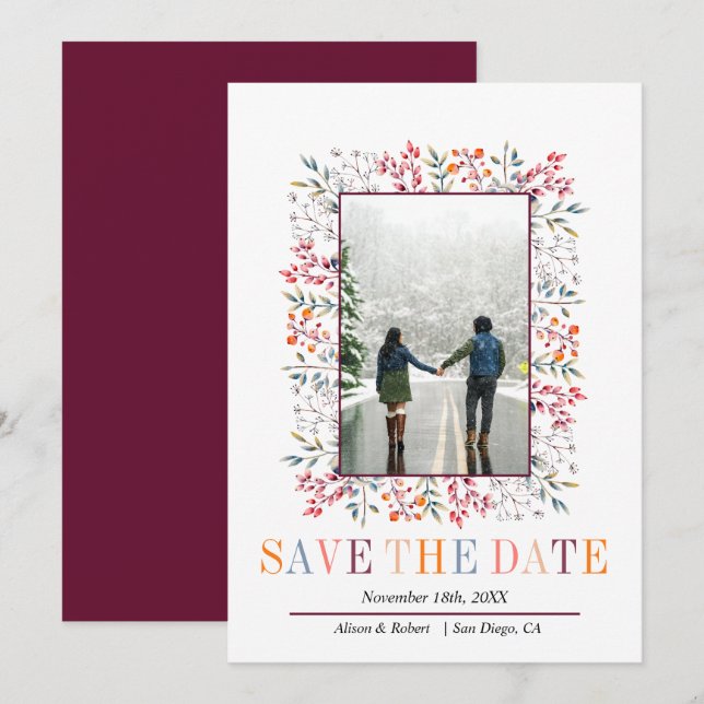 Berries and leaves border burgundy winter wedding save the date (Front/Back)