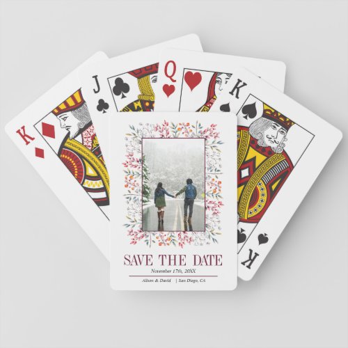 Berries and leaves burgundy winter Save the Date Poker Cards