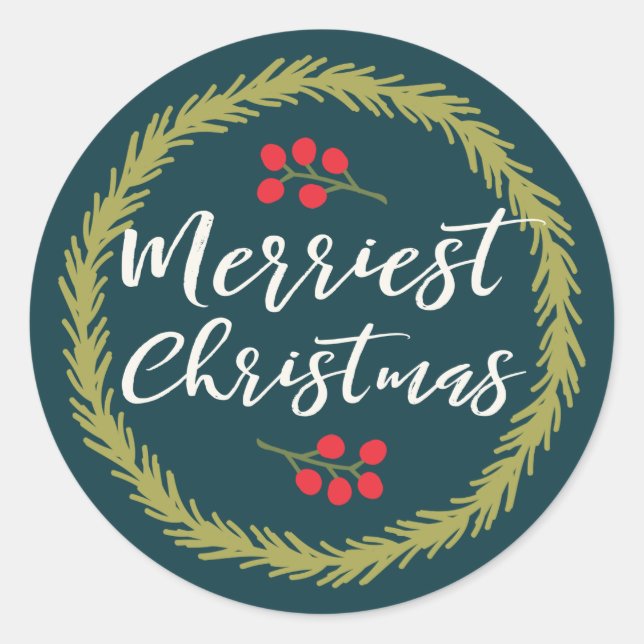 Berries and Pine Merriest Christmas Classic Round Sticker (Front)