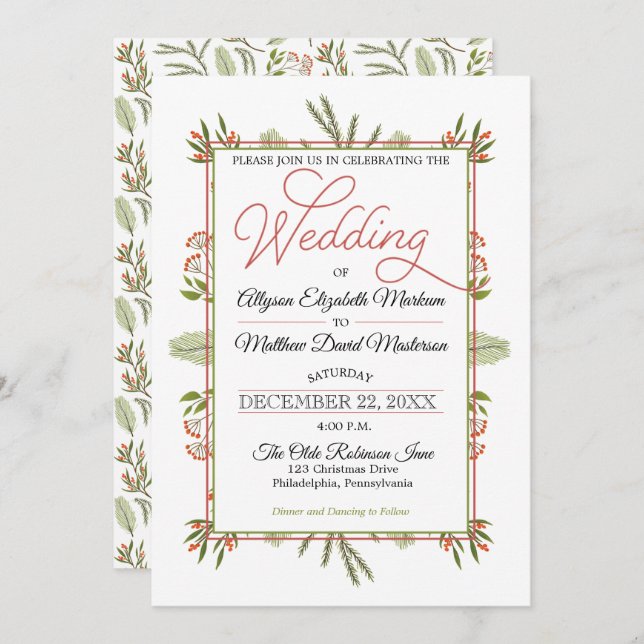 Berries and Winter Pine Greenery Holiday Wedding Invitation (Front/Back)