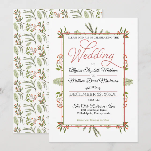 Berries and Winter Pine Greenery Holiday Wedding Invitation | Zazzle