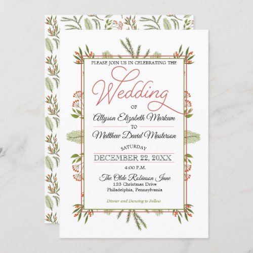 Berries and Winter Pine Greenery Holiday Wedding Invitation