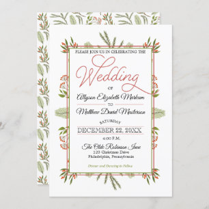 Berries and Winter Pine Greenery Holiday Wedding Invitation