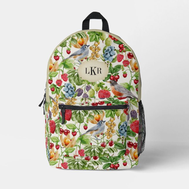 Berries & Birds Pattern 3-Letter Monogram Printed Backpack (Front)