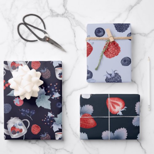 Berries blueberries strawberry teapot pattern blue wrapping paper sheets