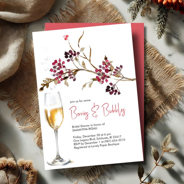 Berries & Bubbles Bridal Shower Christmas Party  Invitation (Bridal Shower invitations brunch and bubbly fall and winter design botanical berries and champagne)