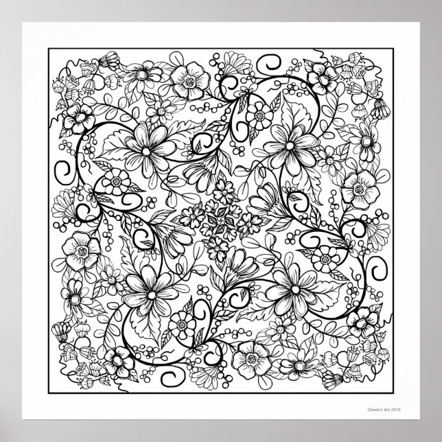 Berries Flowers and Vines Beautiful Coloring Page Poster (Front)