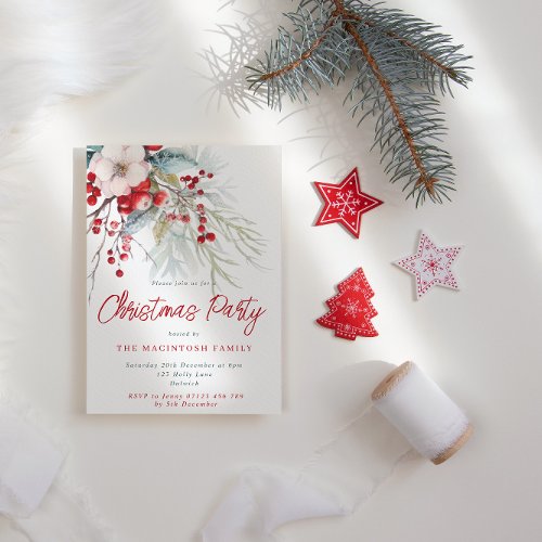 Berries  Foliage Red  Green Christmas Party Invitation